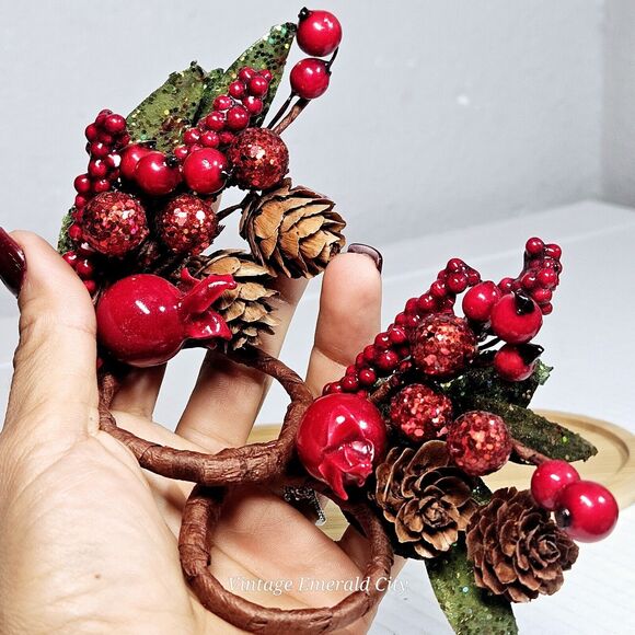 Vtg Pines Berries Twing Cranberry Pinecone Leafs 5 Napking Candle Rings Handmade - Picture 6 of 13